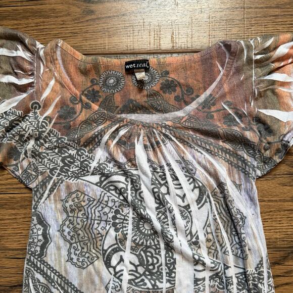 Wet Seal Y2K Boho Print Flutter Sleeve Tunic Top Burnout Sheer Retro Sz Small - Picture 3 of 7
